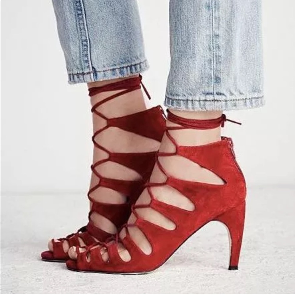 FP X Jeffrey Campbell Red Suede Lace Up Heels